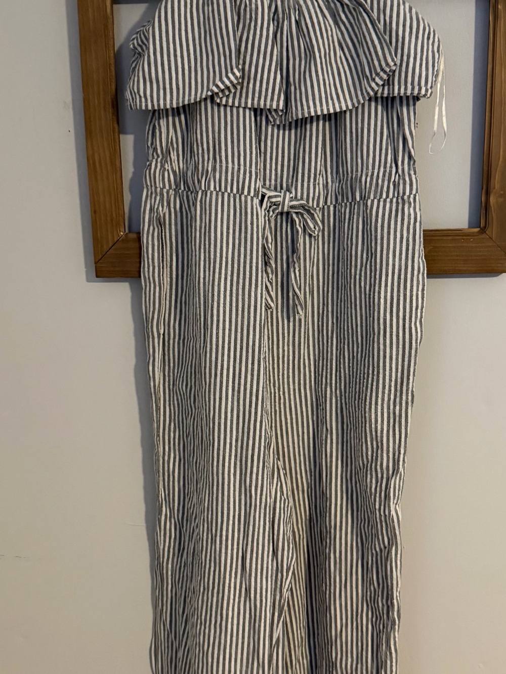 Zara Navy and White Strapless Striped Jumpsuit